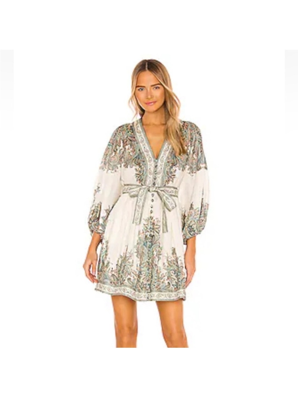 Zimmermann White Mini Dress with Sage & Taupe Paisley Print (size 2) - Picture 2 of 6